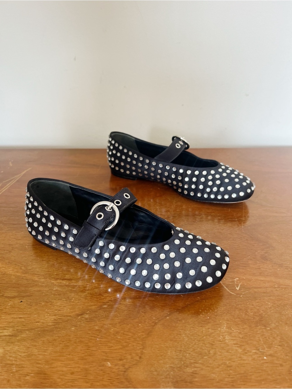 Reformation • Bethany Ballet Flat mary jane black silk rhinestone crystal stud - Picture 2 of 14
